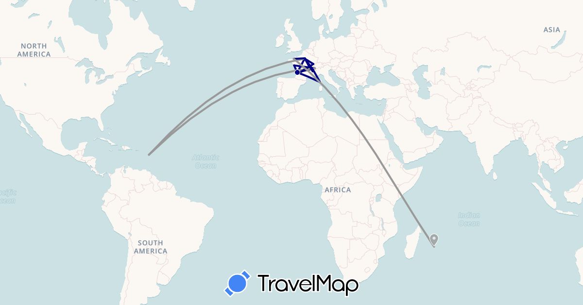 TravelMap itinerary: driving, plane in France, Guadeloupe, Réunion (Africa, Europe, North America)