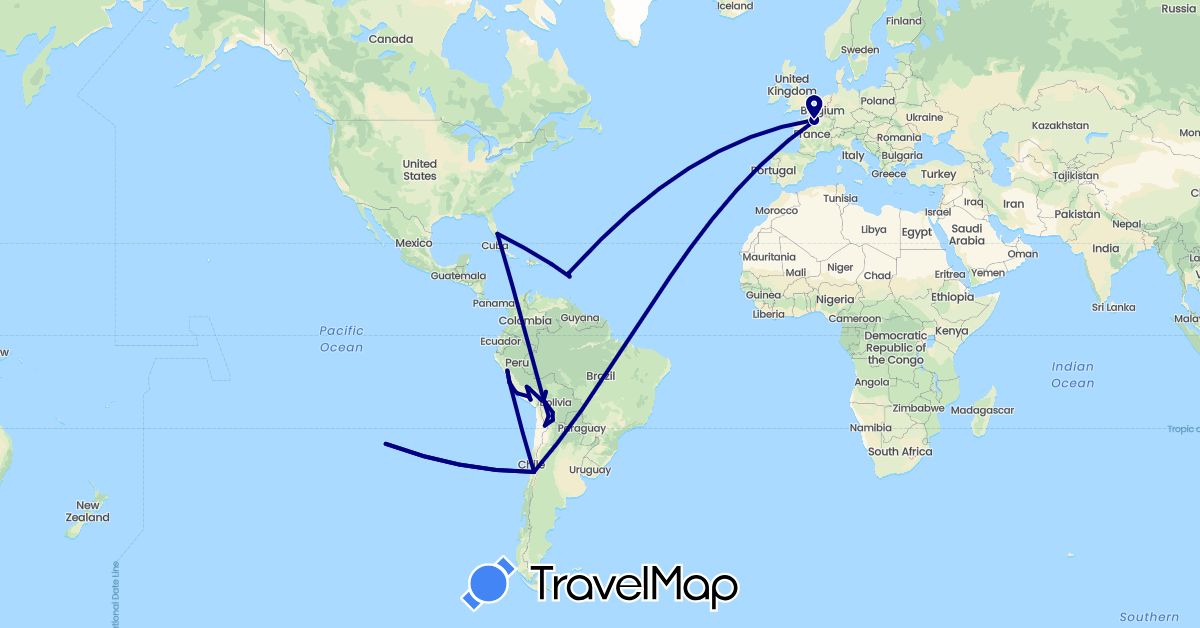 TravelMap itinerary: driving in Bolivia, Chile, Dominica, France, Guadeloupe, Peru, Puerto Rico, United States (Europe, North America, South America)